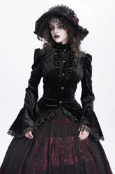 Blouse gothique noire pour femme à col montant, manches longues évasées et à volants en queue d'hirondelle